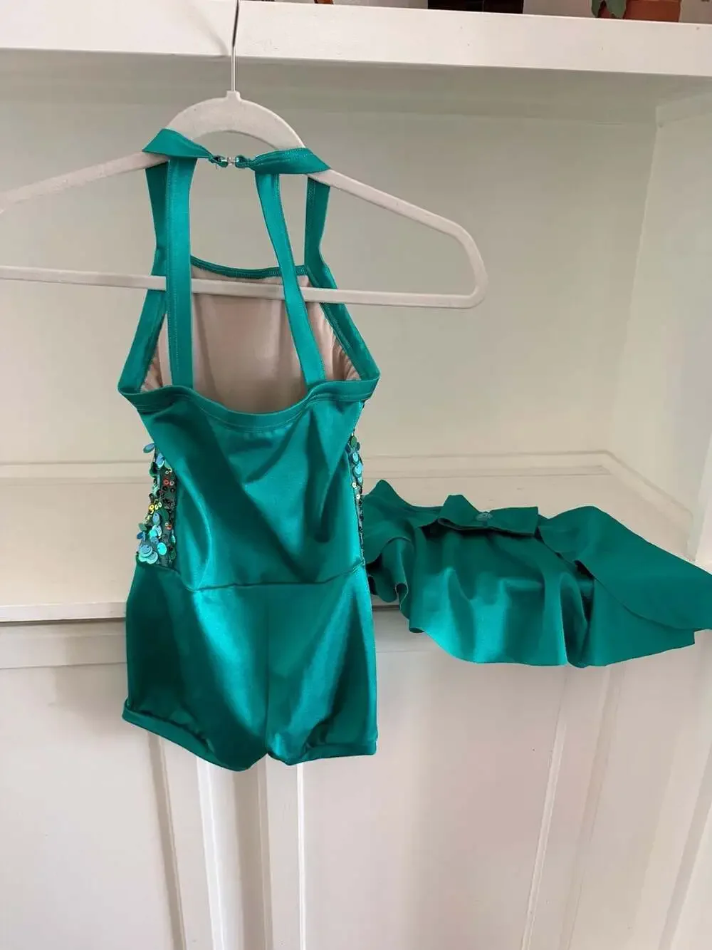Weissman Emerald Green Sequin Halter Dance Biketard with Skirt